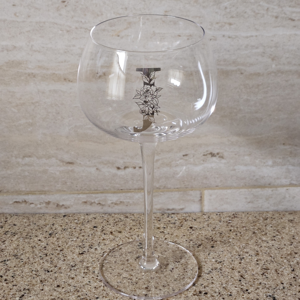 Initial J Wine Glass with Floral Design